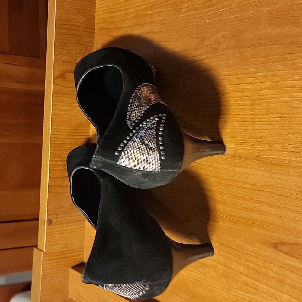 Faux black velvet shoes with faux snakeskin trim and beadwork